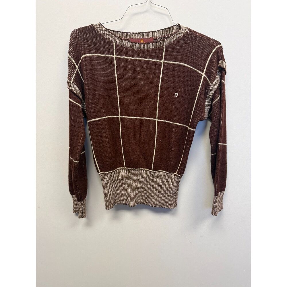 Vintage Etienne Aigner Women’s S Brown Cream Windowpane Plaid Knit Sweater